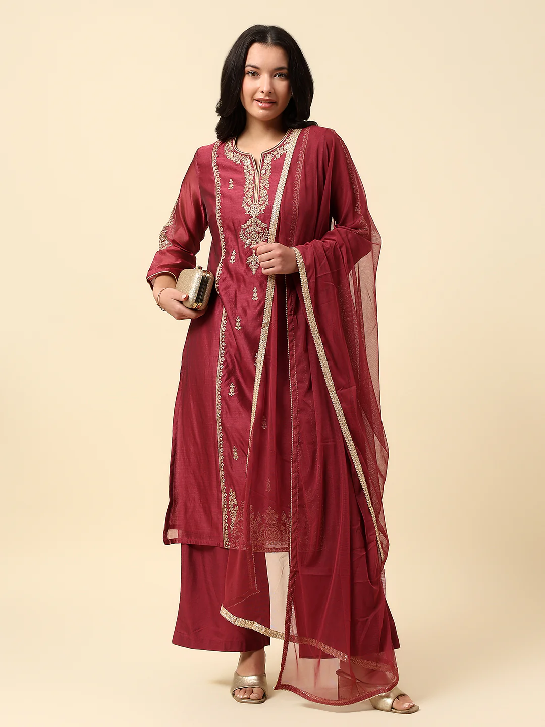 Kurti Palazzo Set for Women | Winter Wear Round Neck Poly Blend Fabric Embroidered Pattern - Image 2