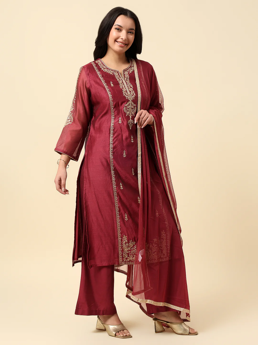 Kurti Palazzo Set for Women | Winter Wear Round Neck Poly Blend Fabric Embroidered Pattern - Image 4