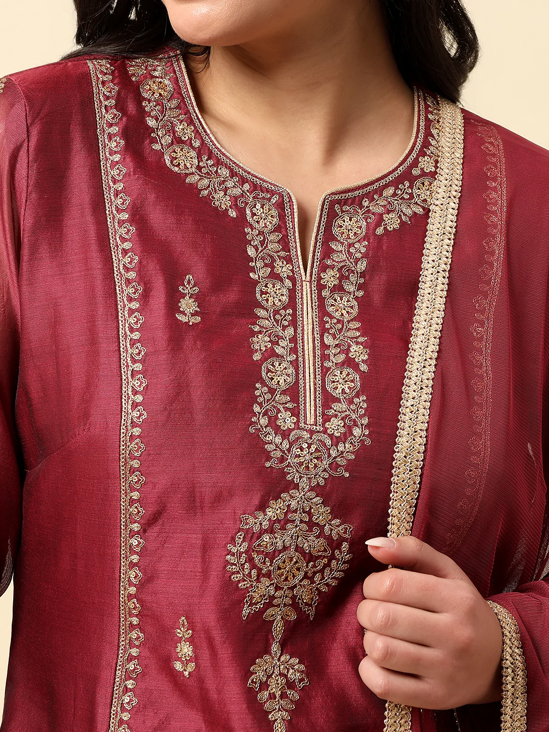 Kurti Palazzo Set for Women | Winter Wear Round Neck Poly Blend Fabric Embroidered Pattern - Image 6