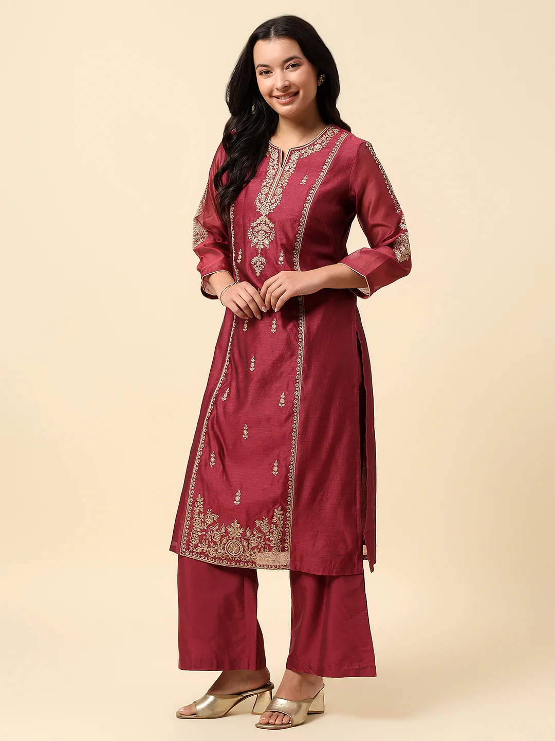 Kurti Palazzo Set for Women | Winter Wear Round Neck Poly Blend Fabric Embroidered Pattern - Image 7