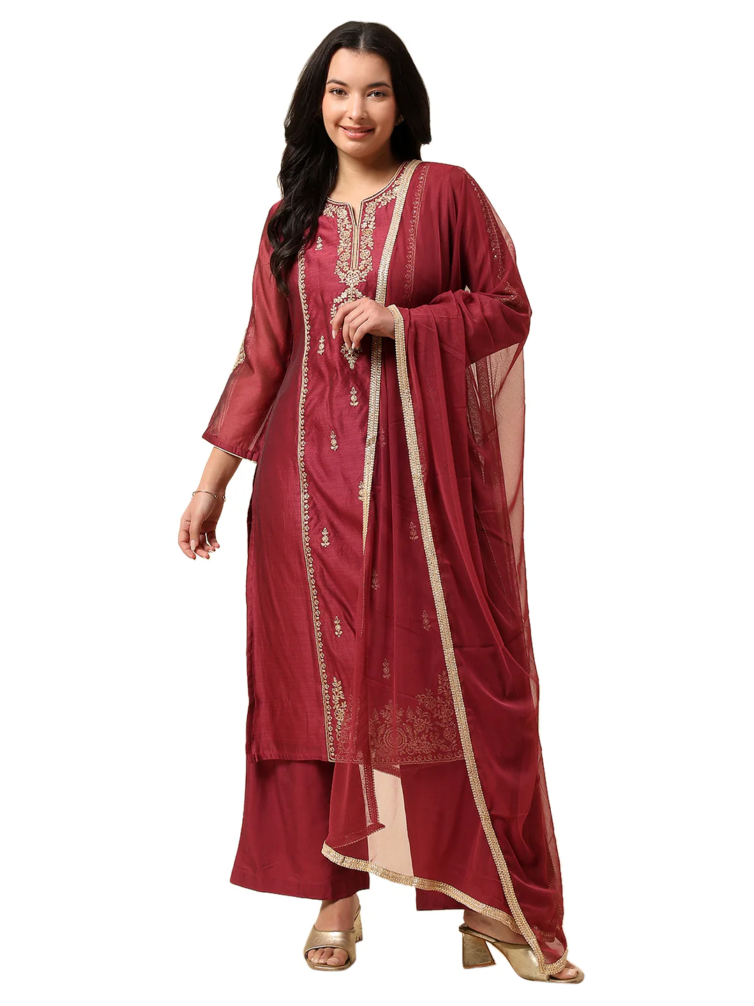 Kurti Palazzo Set for Women | Winter Wear Round Neck Poly Blend Fabric Embroidered Pattern - Image 8