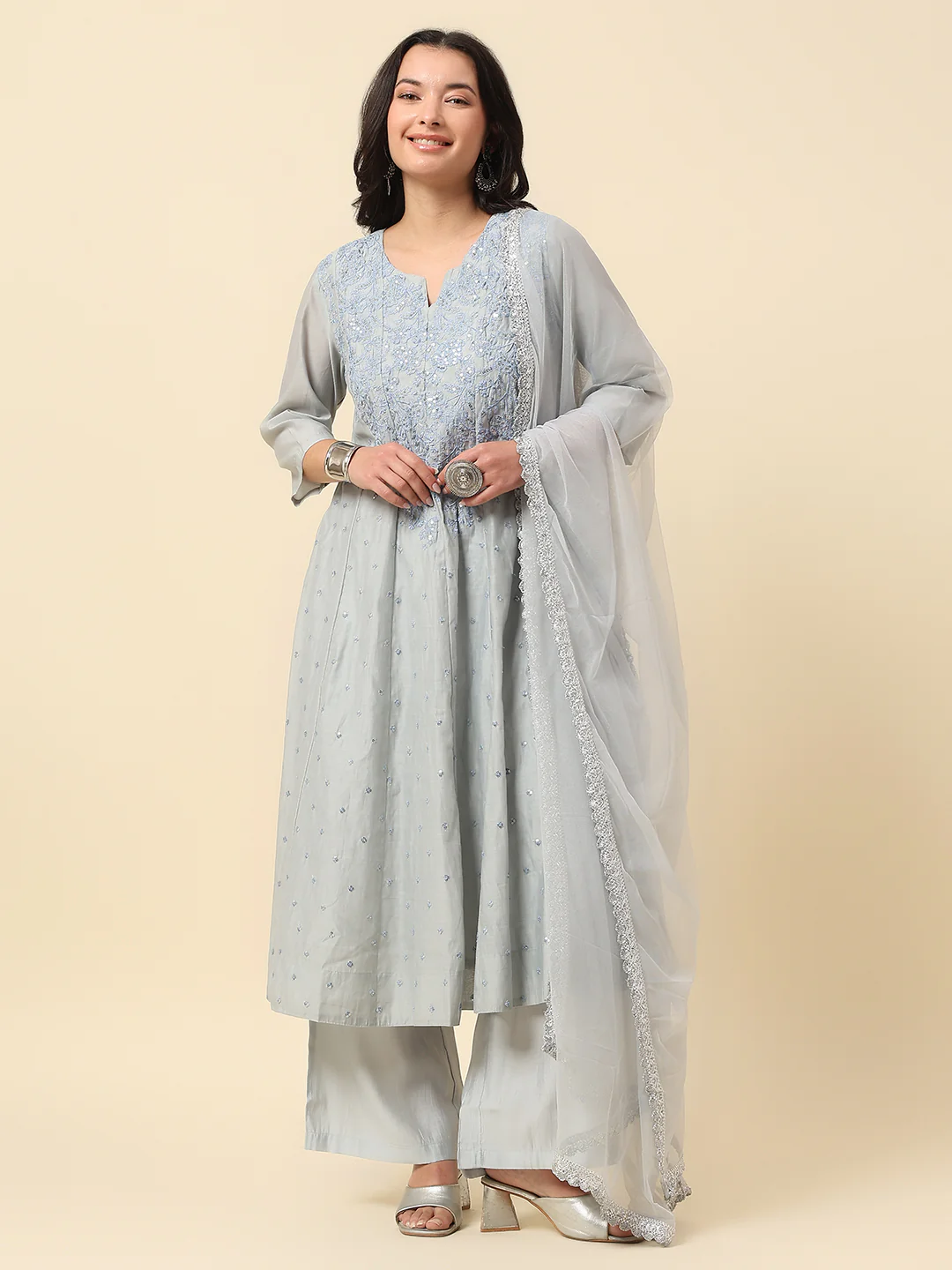 Kurti Palazzo Set for Women | Winter Wear Round Neck Poly Blend Fabric Embroidered Pattern - Image 2