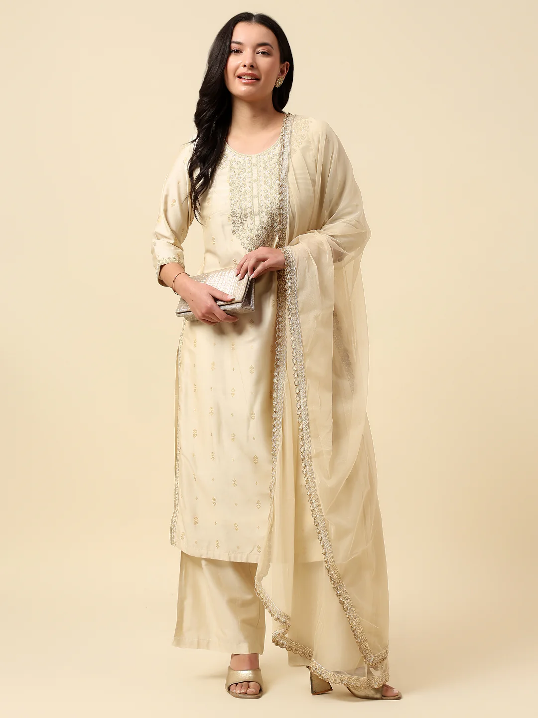 Kurti Palazzo Set for Women | Winter Wear Round Neck Poly Blend Fabric Embroidered Pattern - Image 2