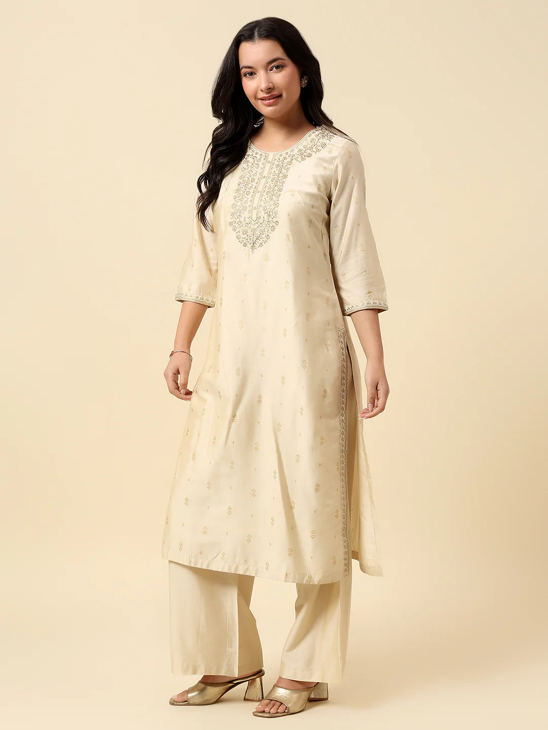 Kurti Palazzo Set for Women | Winter Wear Round Neck Poly Blend Fabric Embroidered Pattern - Image 3