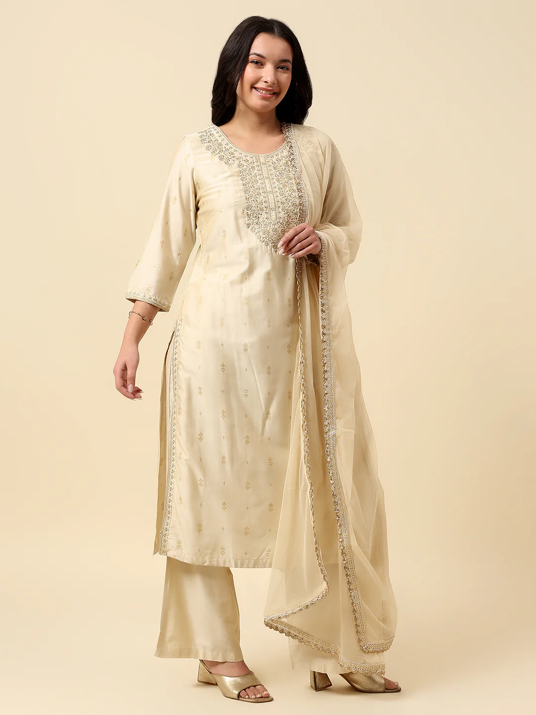 Kurti Palazzo Set for Women | Winter Wear Round Neck Poly Blend Fabric Embroidered Pattern - Image 4