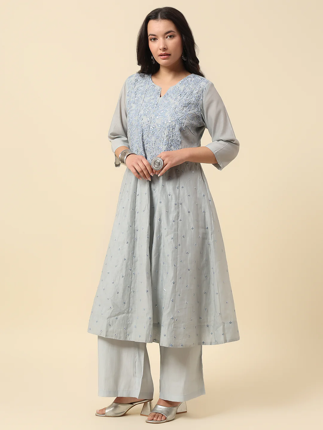 Kurti Palazzo Set for Women | Winter Wear Round Neck Poly Blend Fabric Embroidered Pattern - Image 3