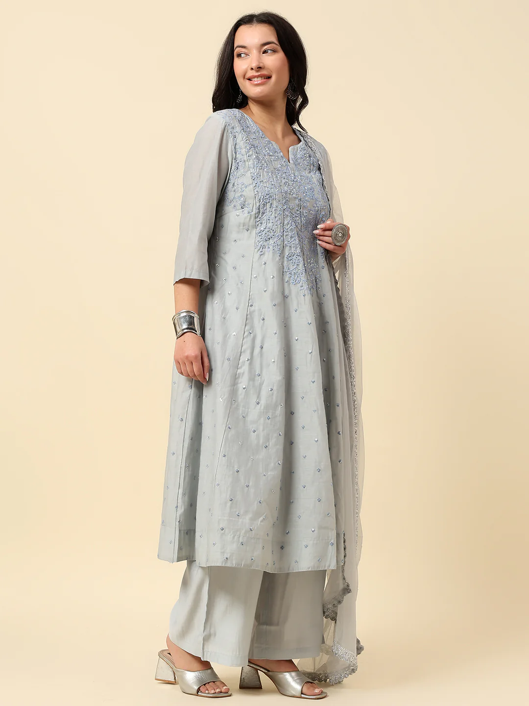 Kurti Palazzo Set for Women | Winter Wear Round Neck Poly Blend Fabric Embroidered Pattern - Image 4