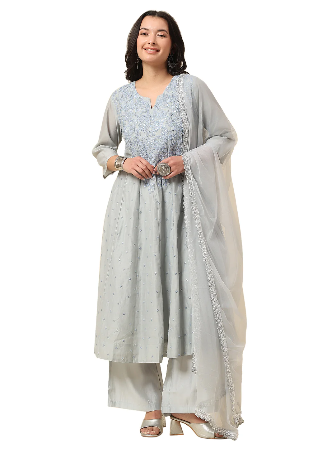 Kurti Palazzo Set for Women | Winter Wear Round Neck Poly Blend Fabric Embroidered Pattern - Image 8