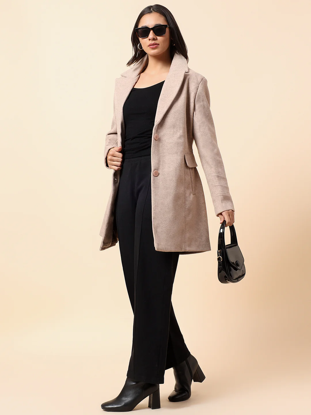 Long Coat for Women l Premium Casual Long Coat Regular Fit Notched Collar Tweed Fabric Solid Pattern - Image 2