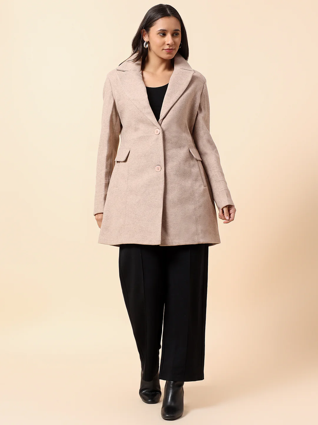 Long Coat for Women l Premium Casual Long Coat Regular Fit Notched Collar Tweed Fabric Solid Pattern - Image 3