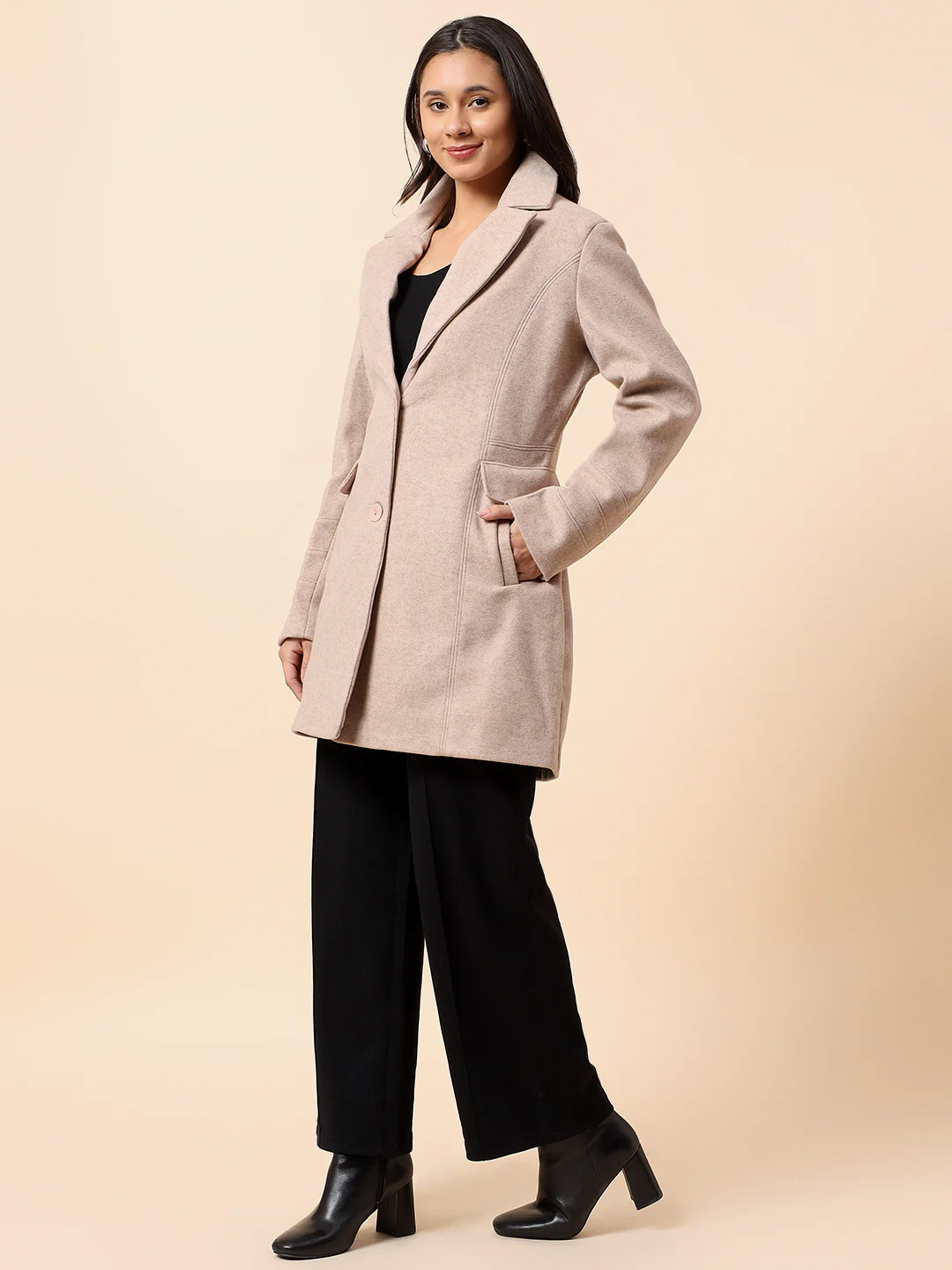 Long Coat for Women l Premium Casual Long Coat Regular Fit Notched Collar Tweed Fabric Solid Pattern - Image 4