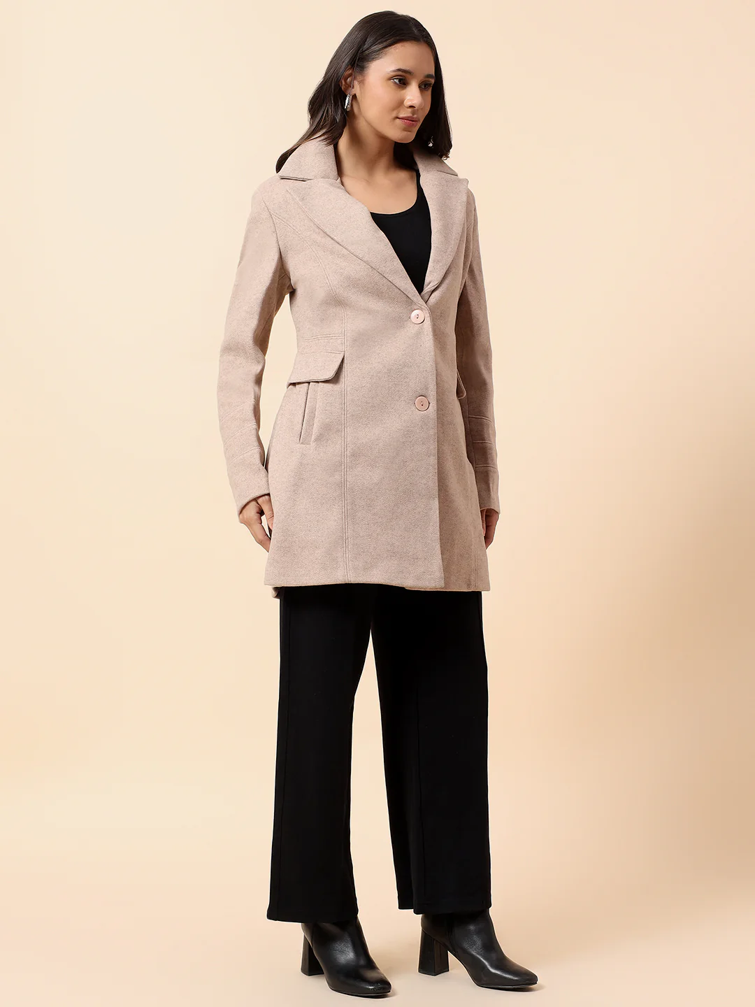 Long Coat for Women l Premium Casual Long Coat Regular Fit Notched Collar Tweed Fabric Solid Pattern - Image 5