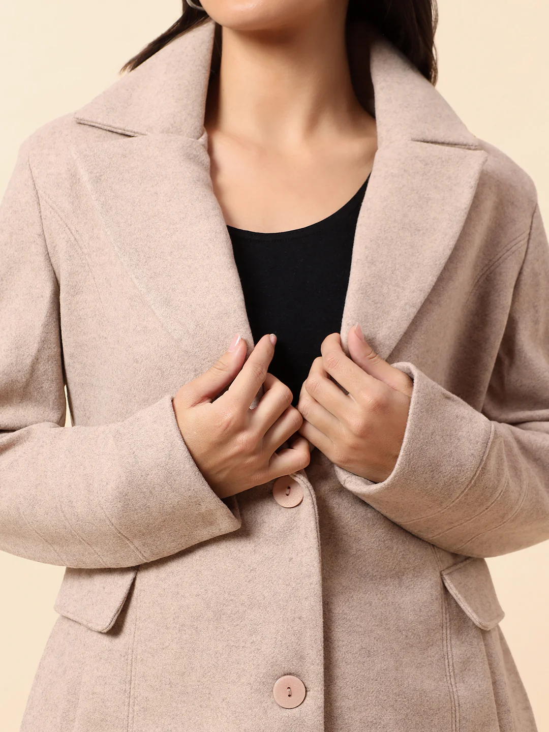 Long Coat for Women l Premium Casual Long Coat Regular Fit Notched Collar Tweed Fabric Solid Pattern - Image 7