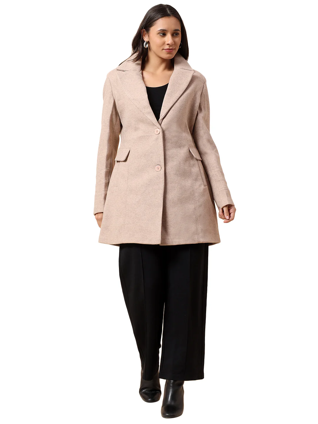 Long Coat for Women l Premium Casual Long Coat Regular Fit Notched Collar Tweed Fabric Solid Pattern - Image 9