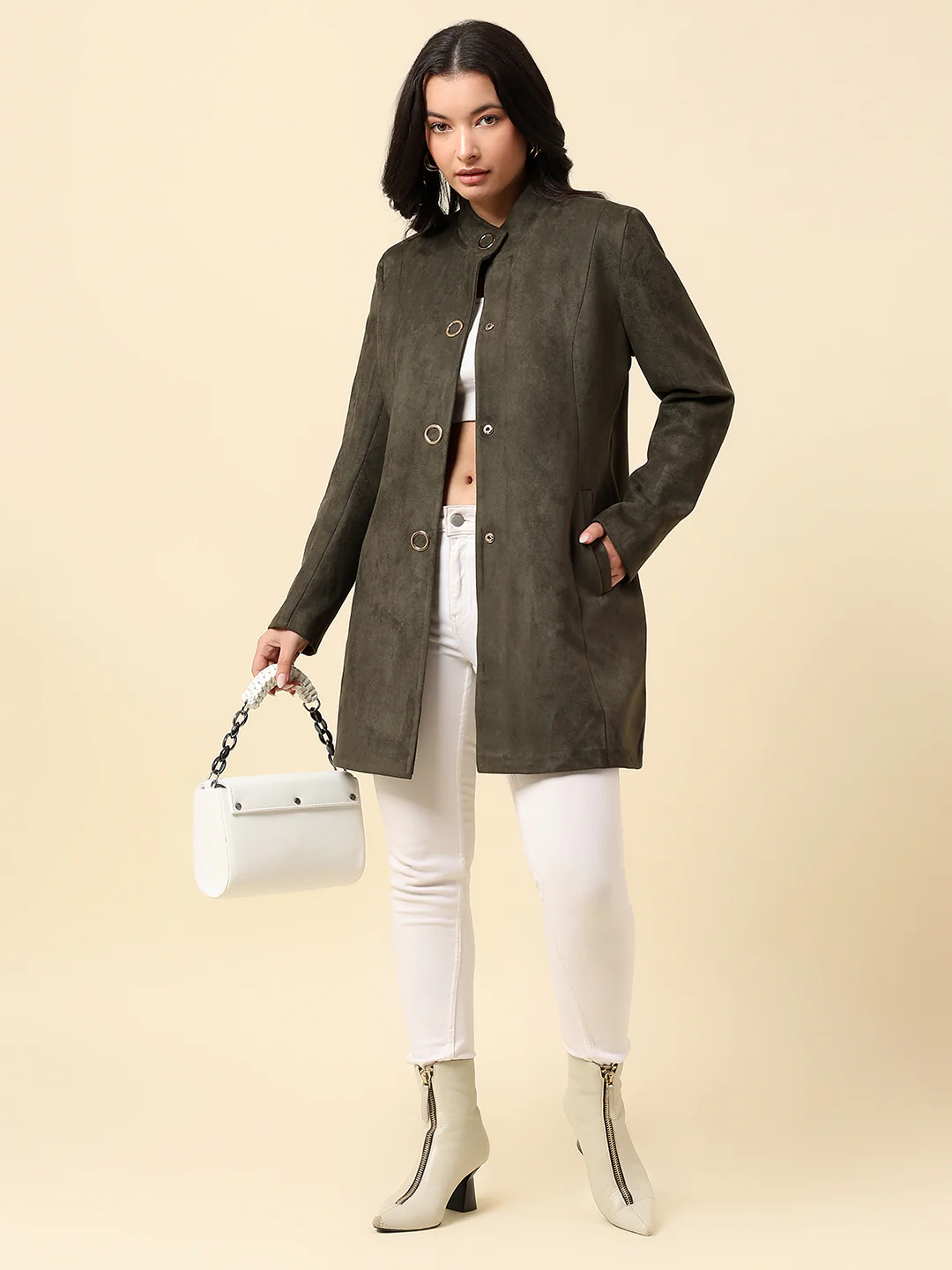 Long Coat for Women | Premium Casual Long Coat Regular Fit Mandarin Collar Velvet Fabric Solid Pattern - Image 2