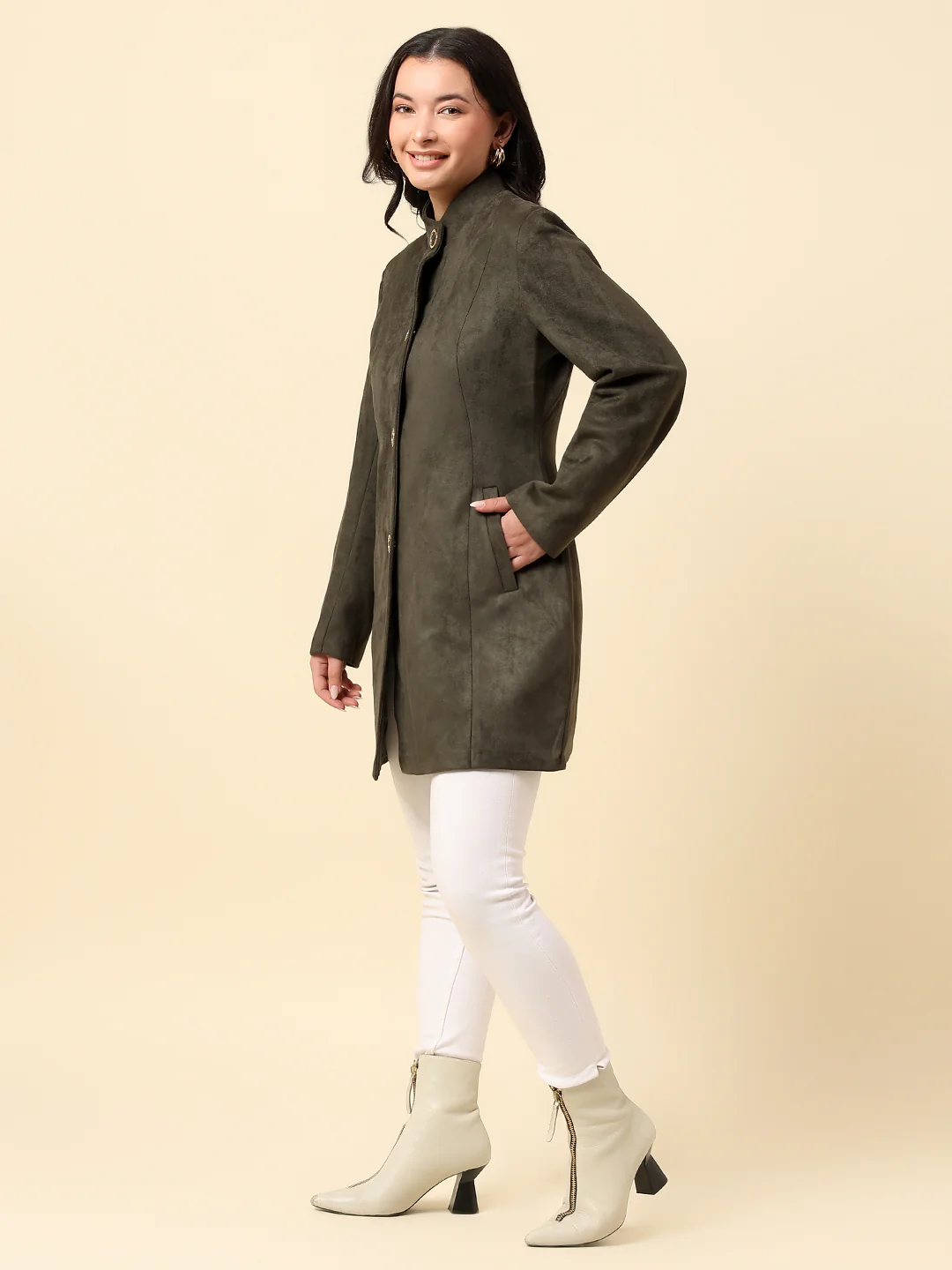 Long Coat for Women | Premium Casual Long Coat Regular Fit Mandarin Collar Velvet Fabric Solid Pattern - Image 3