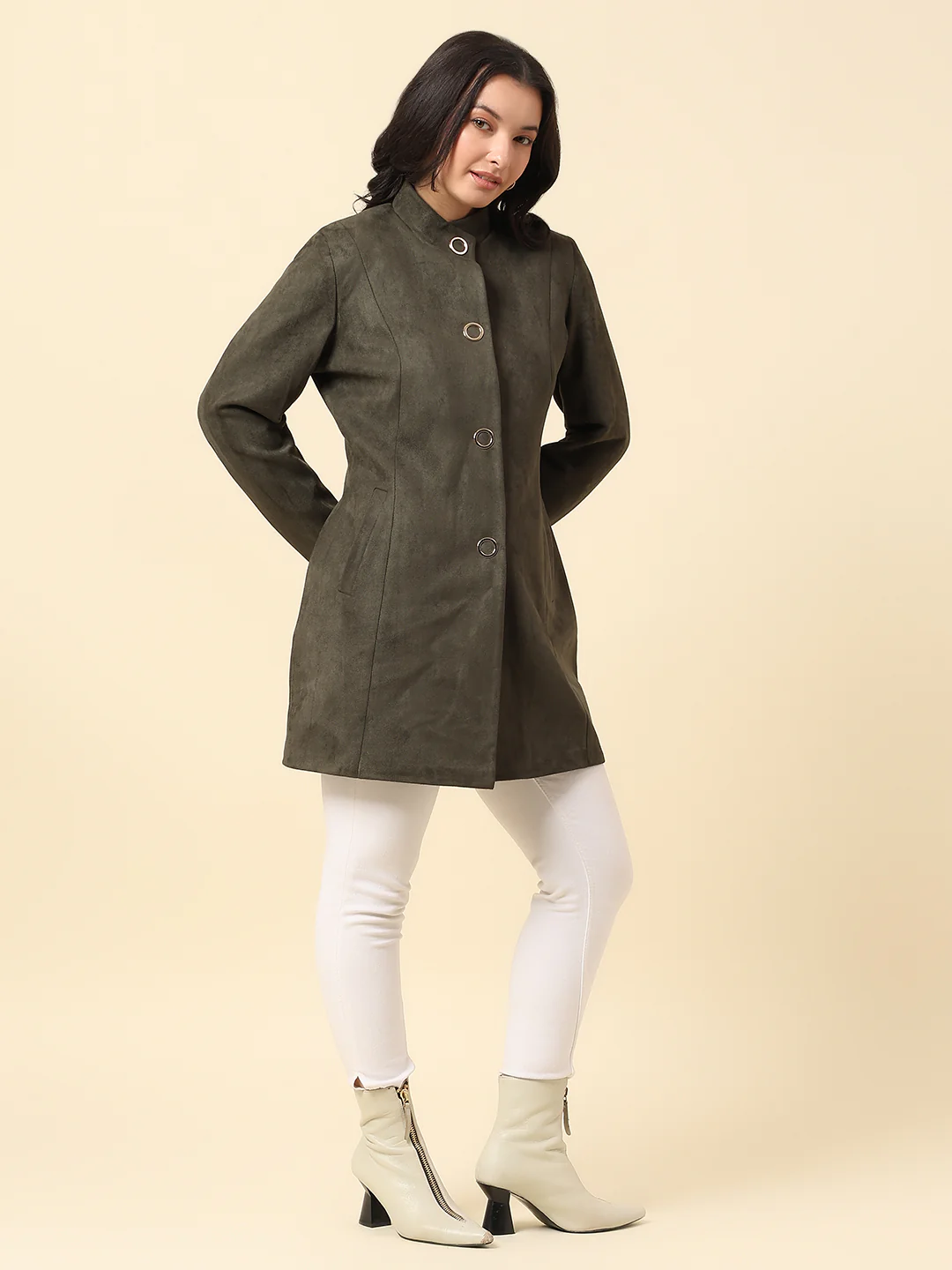 Long Coat for Women | Premium Casual Long Coat Regular Fit Mandarin Collar Velvet Fabric Solid Pattern - Image 4
