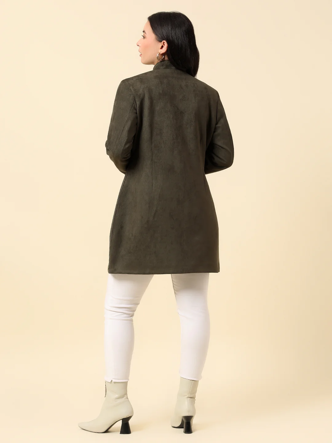 Long Coat for Women | Premium Casual Long Coat Regular Fit Mandarin Collar Velvet Fabric Solid Pattern - Image 5