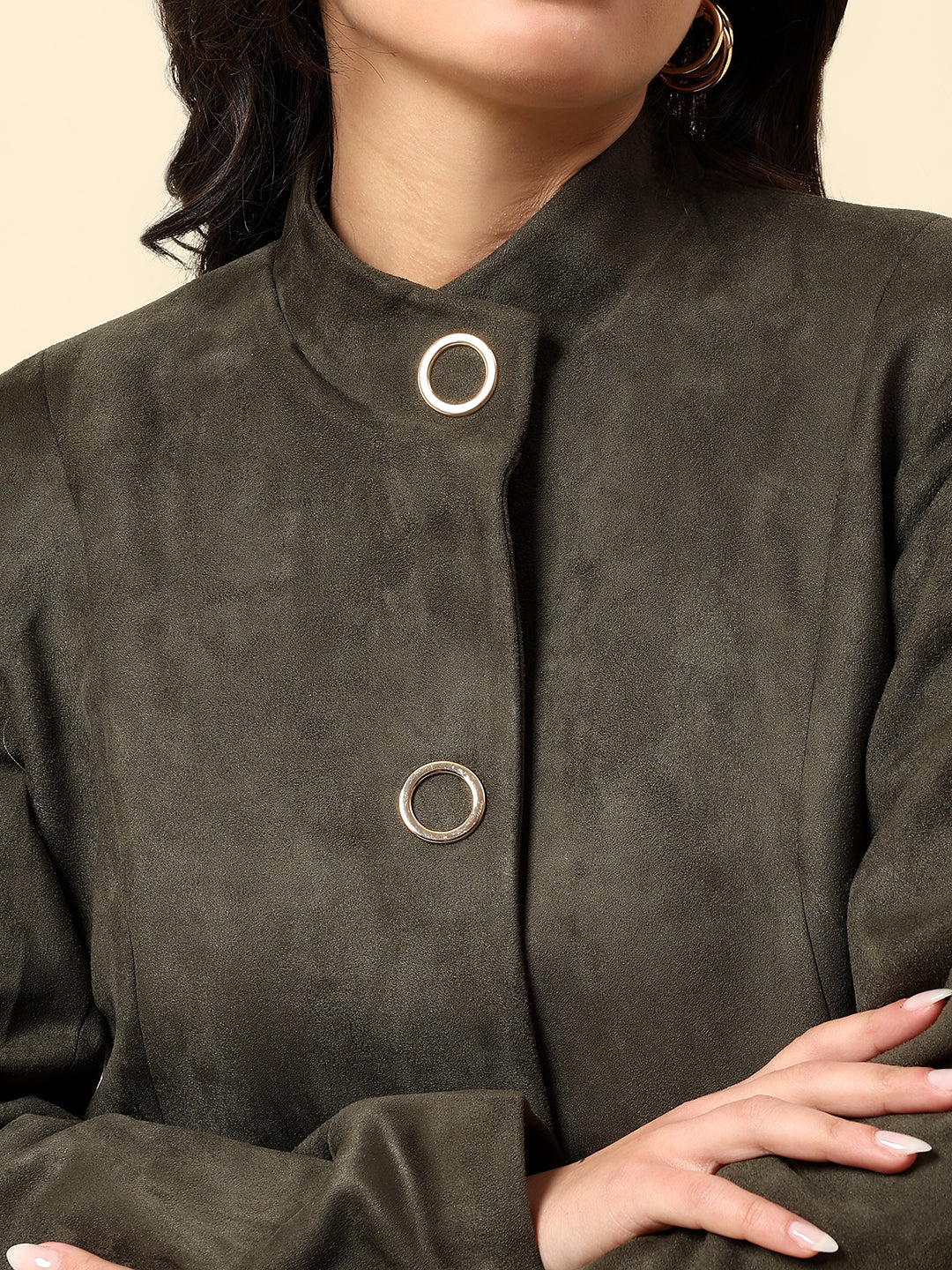 Long Coat for Women | Premium Casual Long Coat Regular Fit Mandarin Collar Velvet Fabric Solid Pattern - Image 6