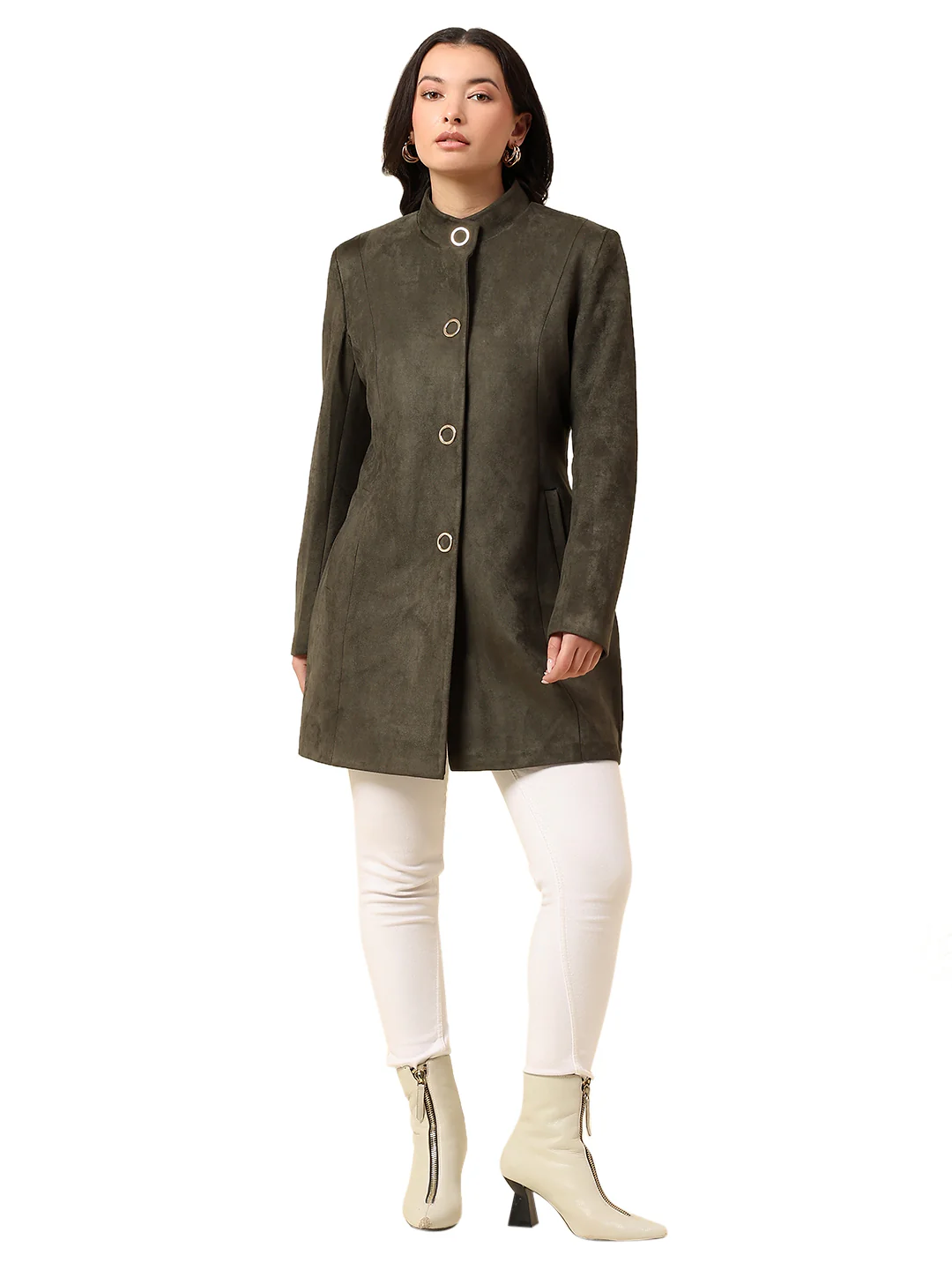 Long Coat for Women | Premium Casual Long Coat Regular Fit Mandarin Collar Velvet Fabric Solid Pattern - Image 8