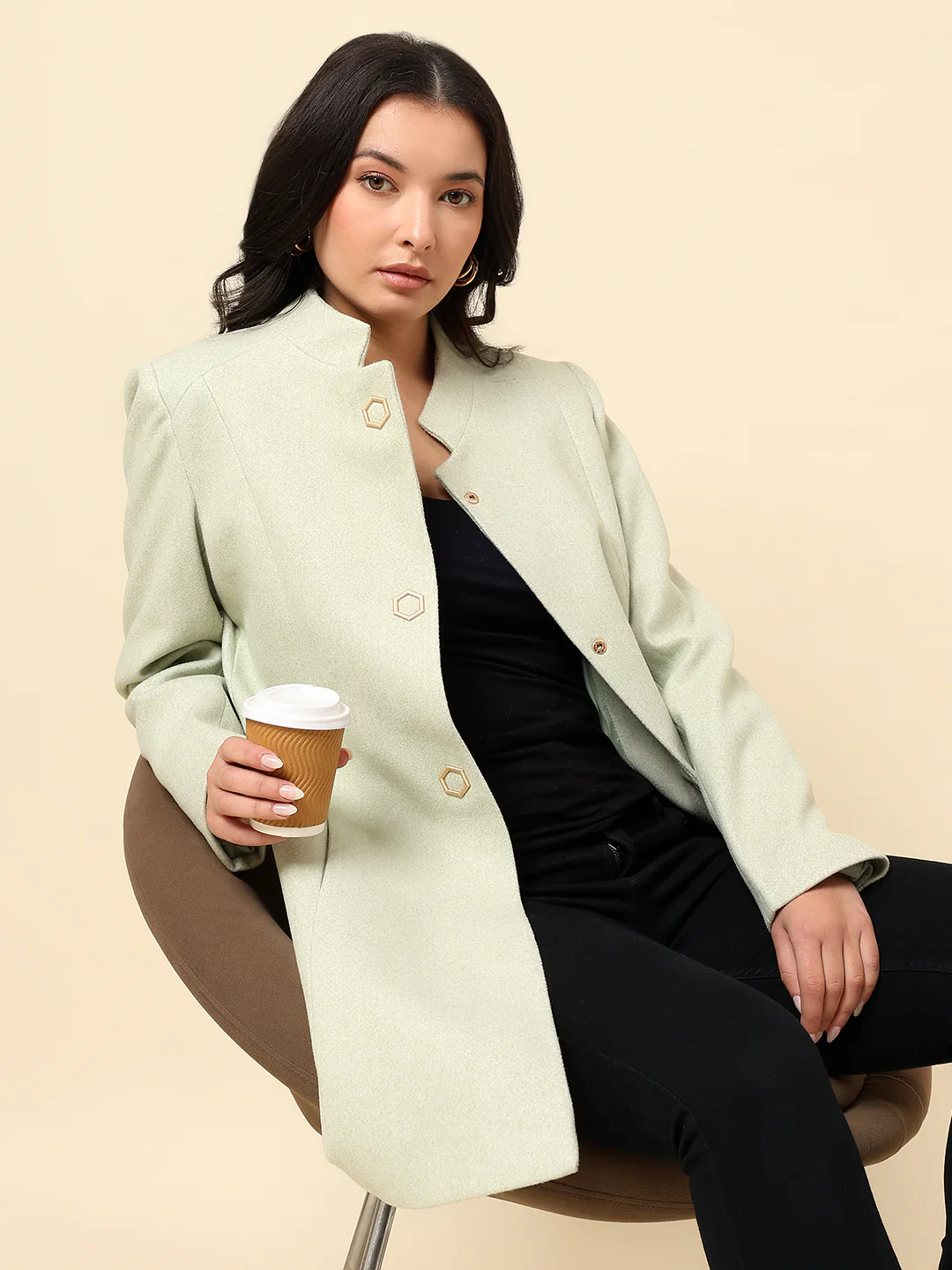 Long Coat for Women | Premium Casual Long Coat Regular Fit Mandarin Collar Wool Fabric Solid Pattern - Image 2