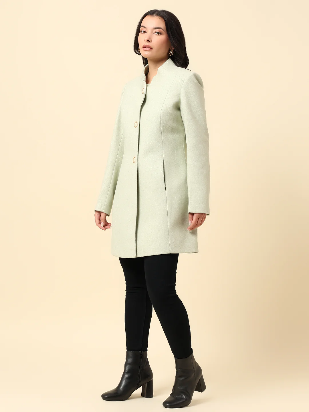 Long Coat for Women | Premium Casual Long Coat Regular Fit Mandarin Collar Wool Fabric Solid Pattern - Image 3