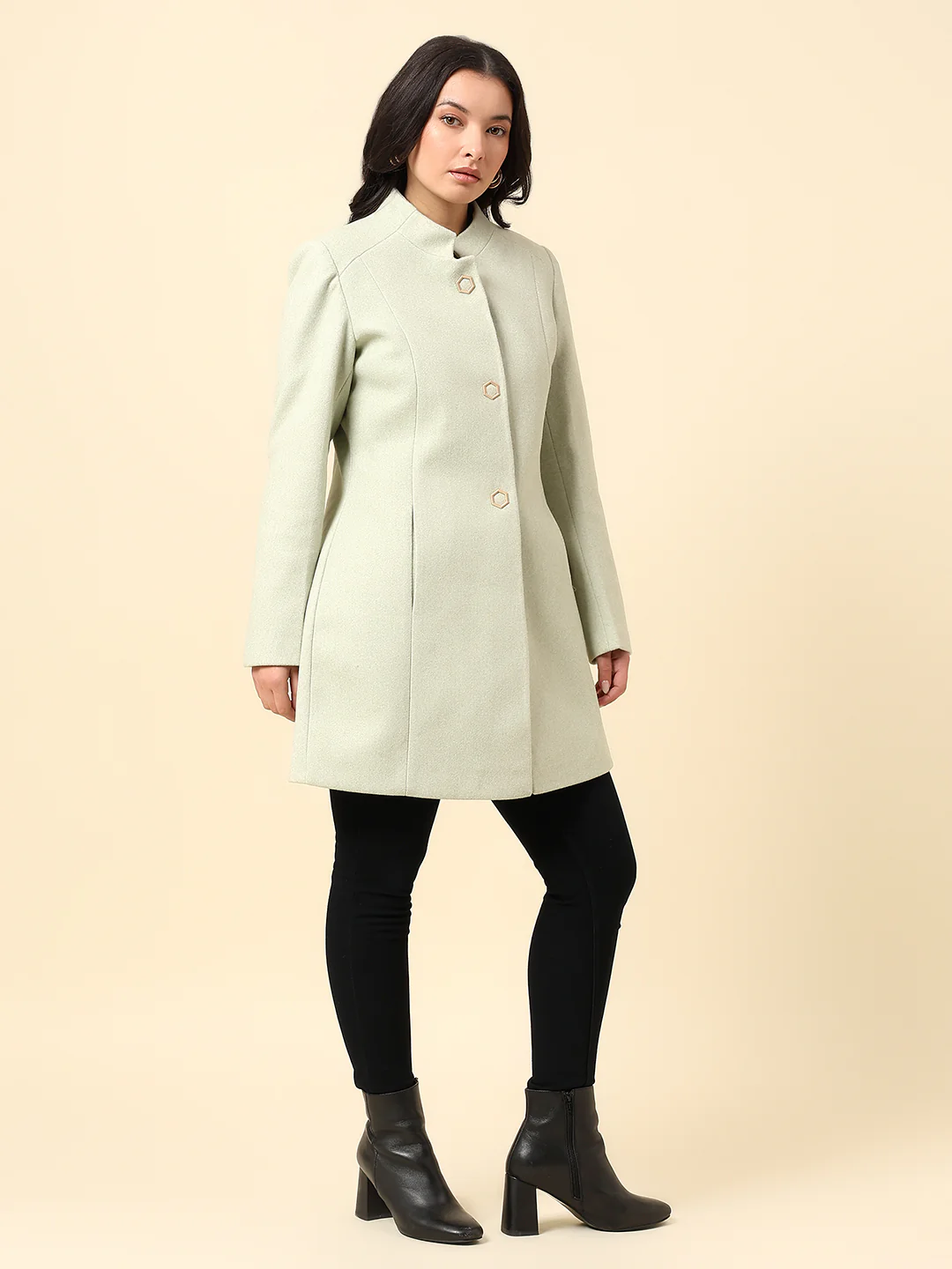Long Coat for Women | Premium Casual Long Coat Regular Fit Mandarin Collar Wool Fabric Solid Pattern - Image 4