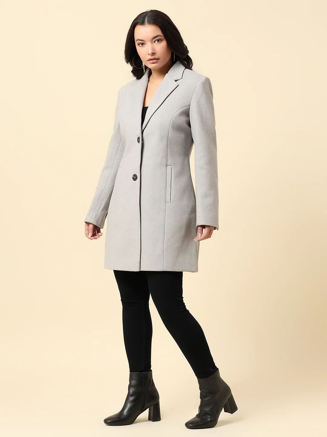 Long Coat for Women | Premium Casual Long Coat Regular Fit Notched Collar Wool Fabric Solid Pattern - Image 3