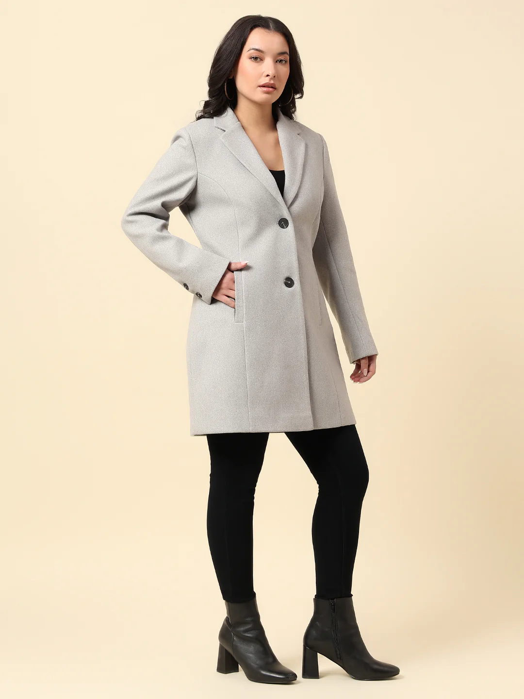 Long Coat for Women | Premium Casual Long Coat Regular Fit Notched Collar Wool Fabric Solid Pattern - Image 4