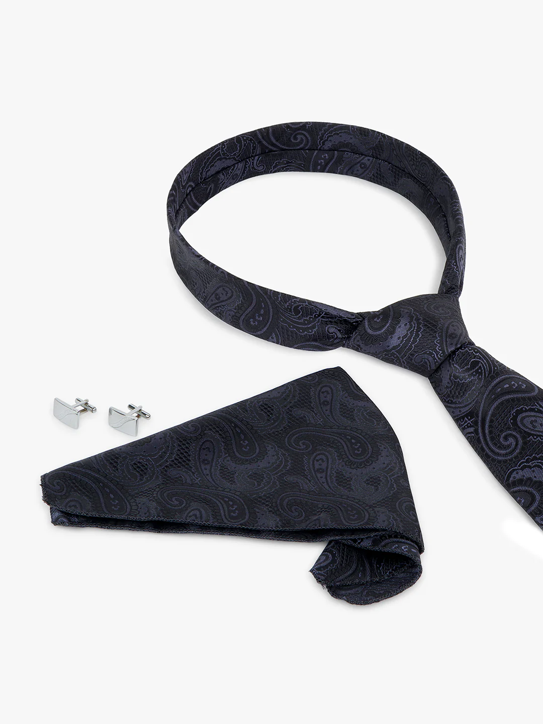 Men Black Printed Tie With Pocket Square and Cufflinks - Image 4