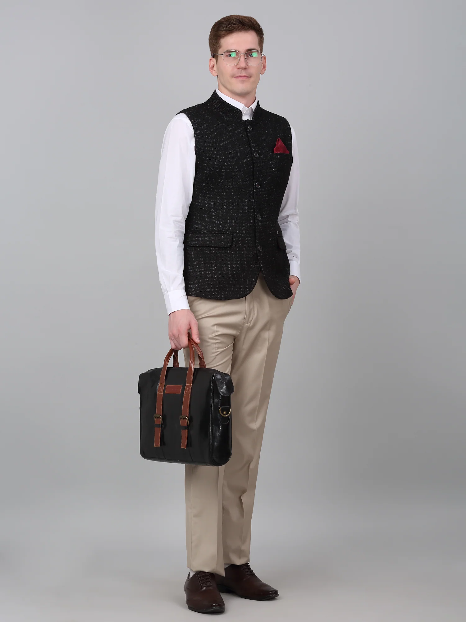 Men Black Self Design Formal Band Collar Sleeveless Waist Coat - Image 2