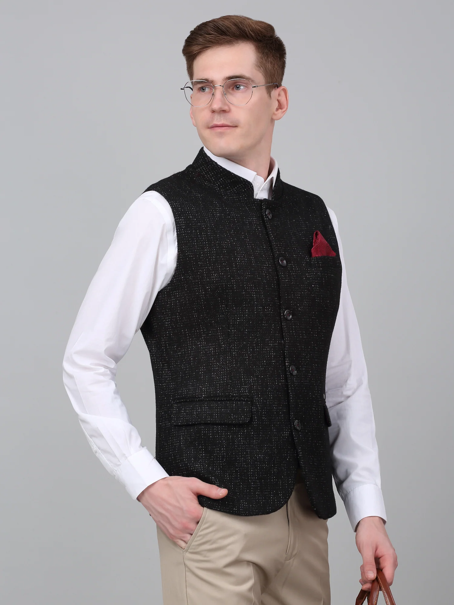 Men Black Self Design Formal Band Collar Sleeveless Waist Coat - Image 3