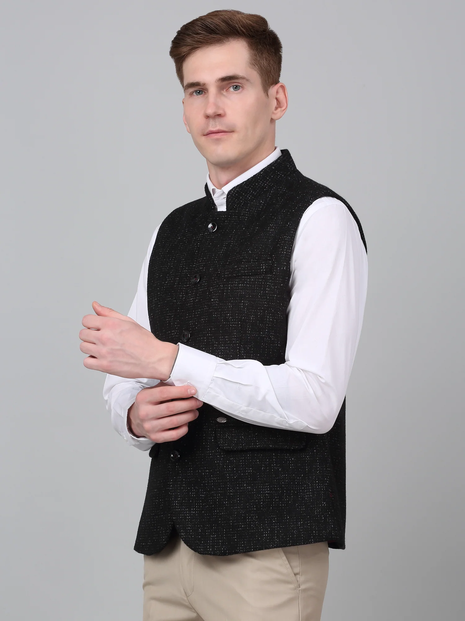 Men Black Self Design Formal Band Collar Sleeveless Waist Coat - Image 4