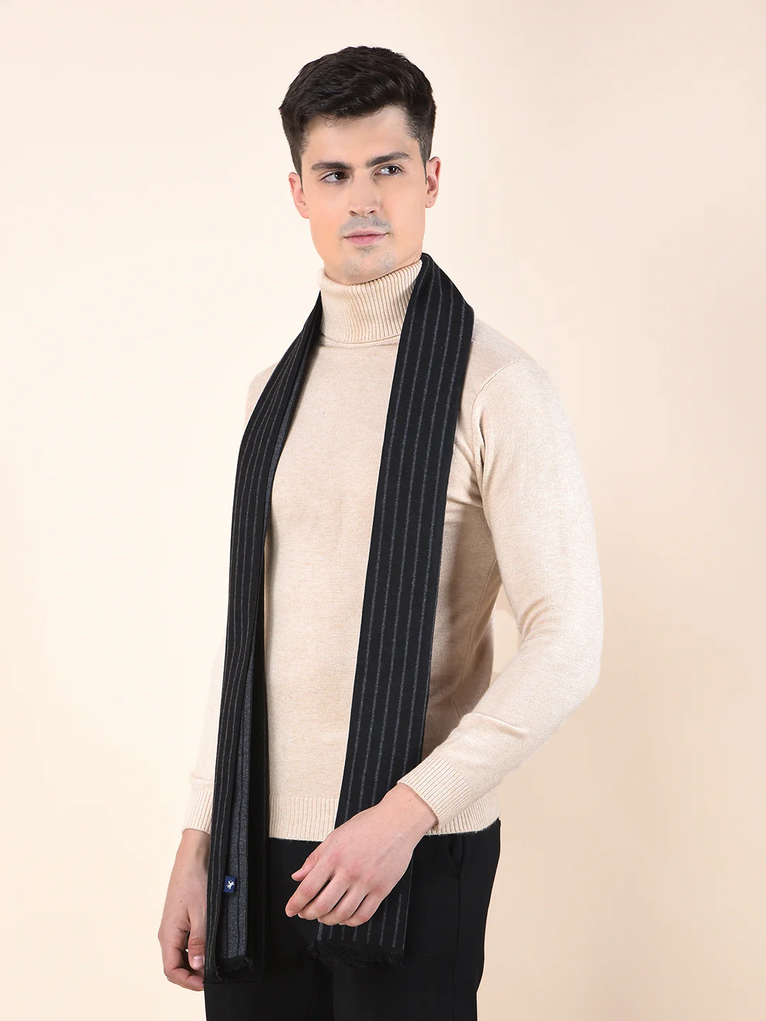 Men Black Striped Winter Warm Casual Muffler - Image 2