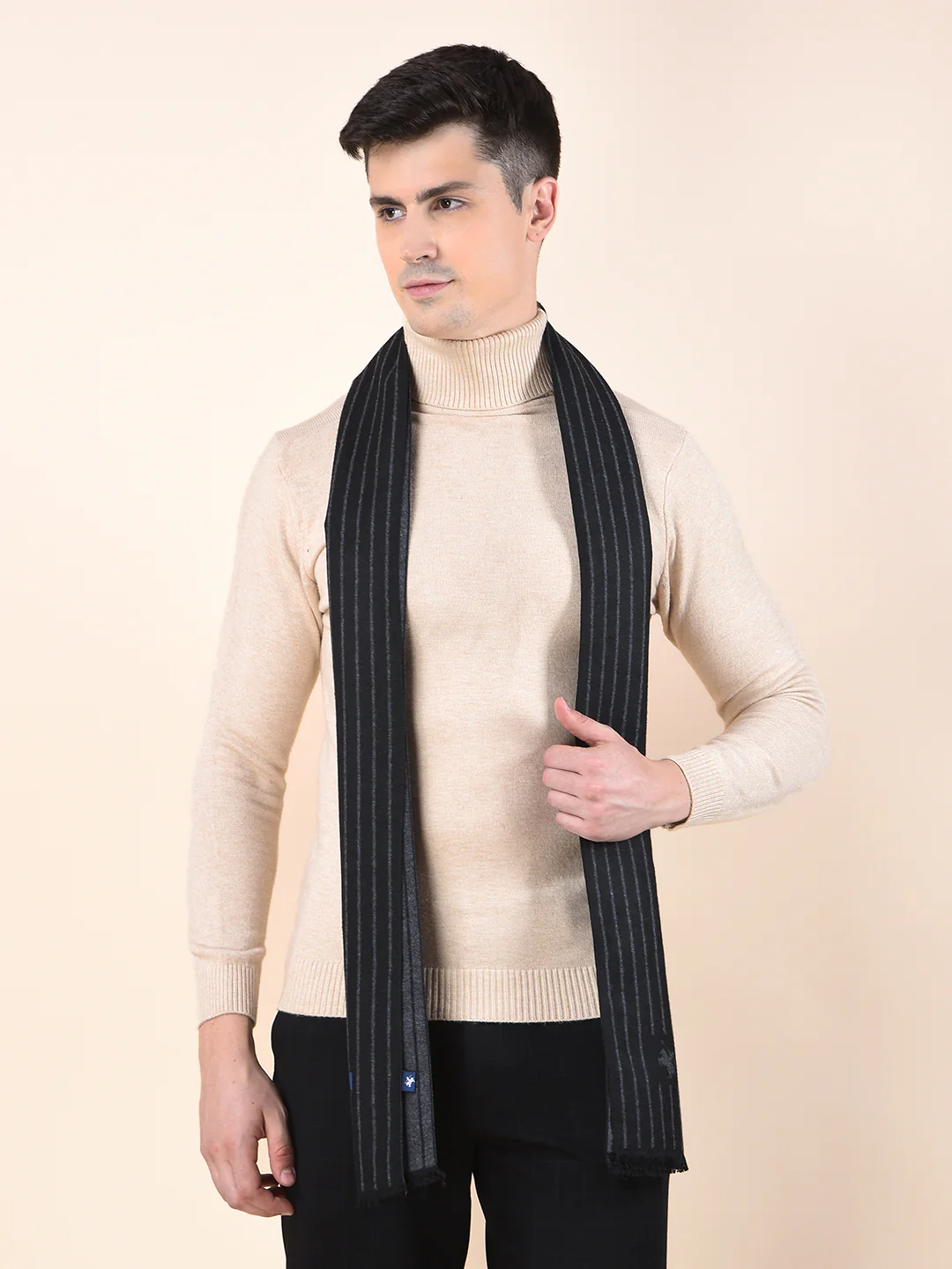 Men Black Striped Winter Warm Casual Muffler - Image 3