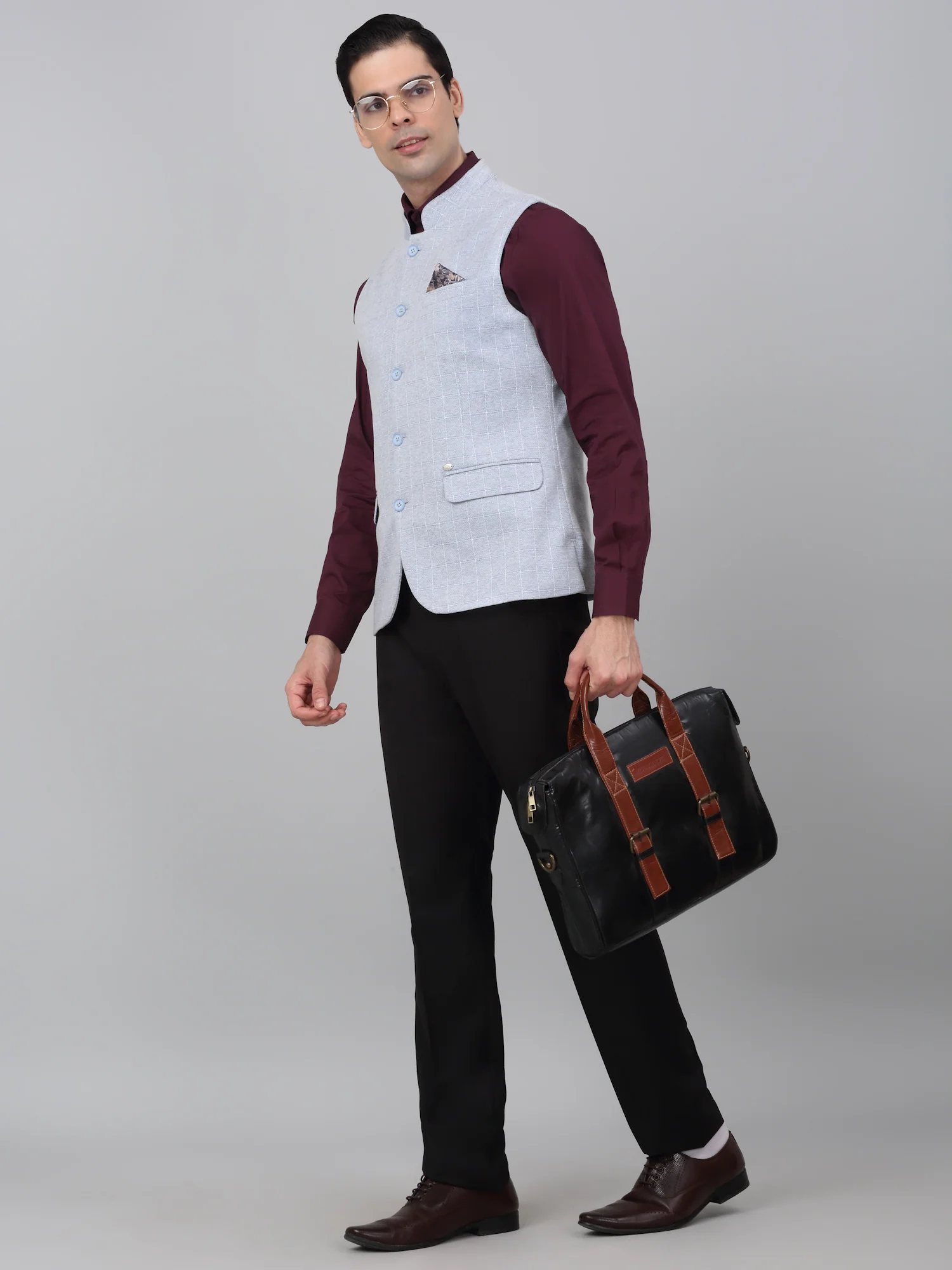 Men Blue Check Formal Band Collar Sleeveless Waist Coat - Image 2