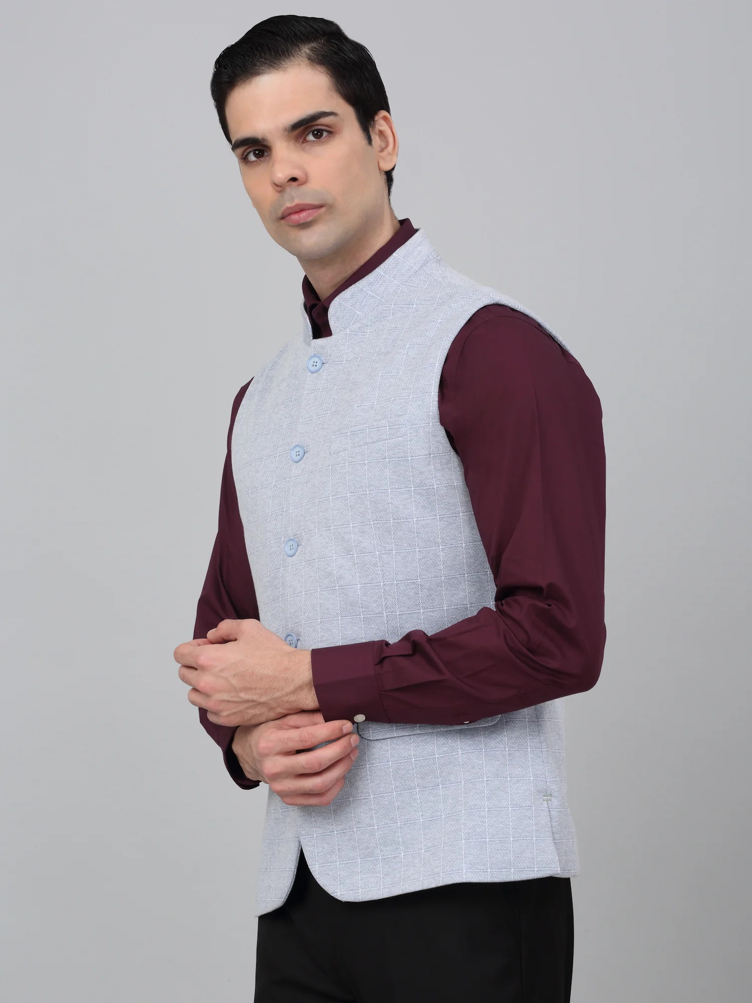 Men Blue Check Formal Band Collar Sleeveless Waist Coat - Image 3
