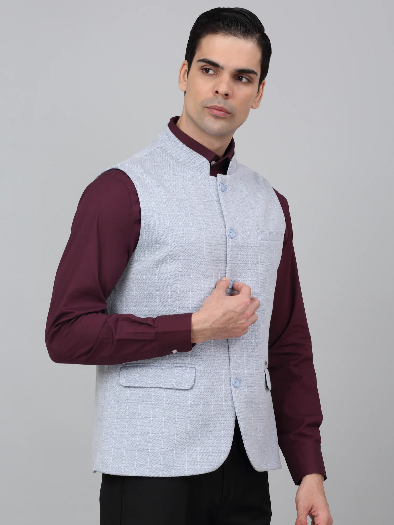 Men Blue Check Formal Band Collar Sleeveless Waist Coat - Image 4