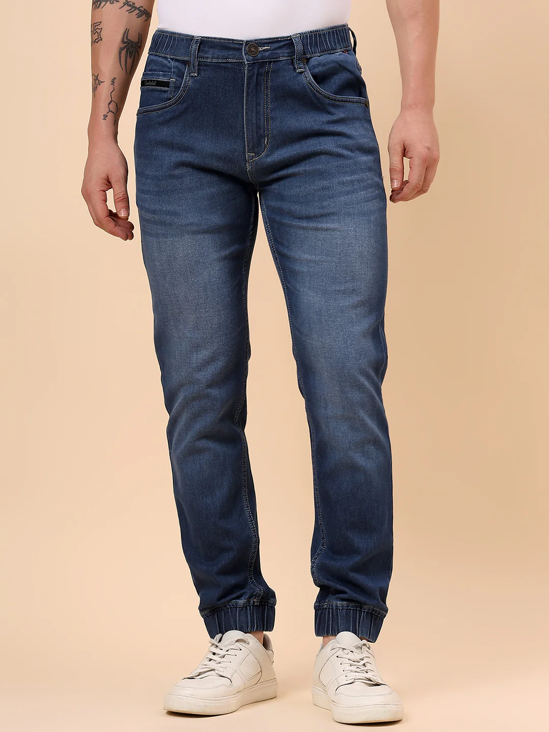 Men Blue Denim Solid Full Length Regular Fit Jogger - Image 4