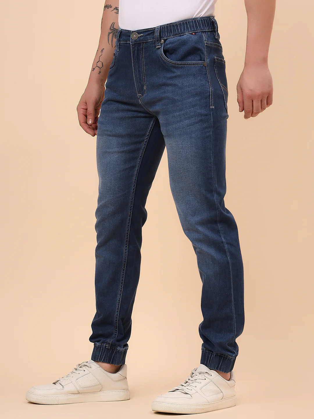 Men Blue Denim Solid Full Length Regular Fit Jogger - Image 5