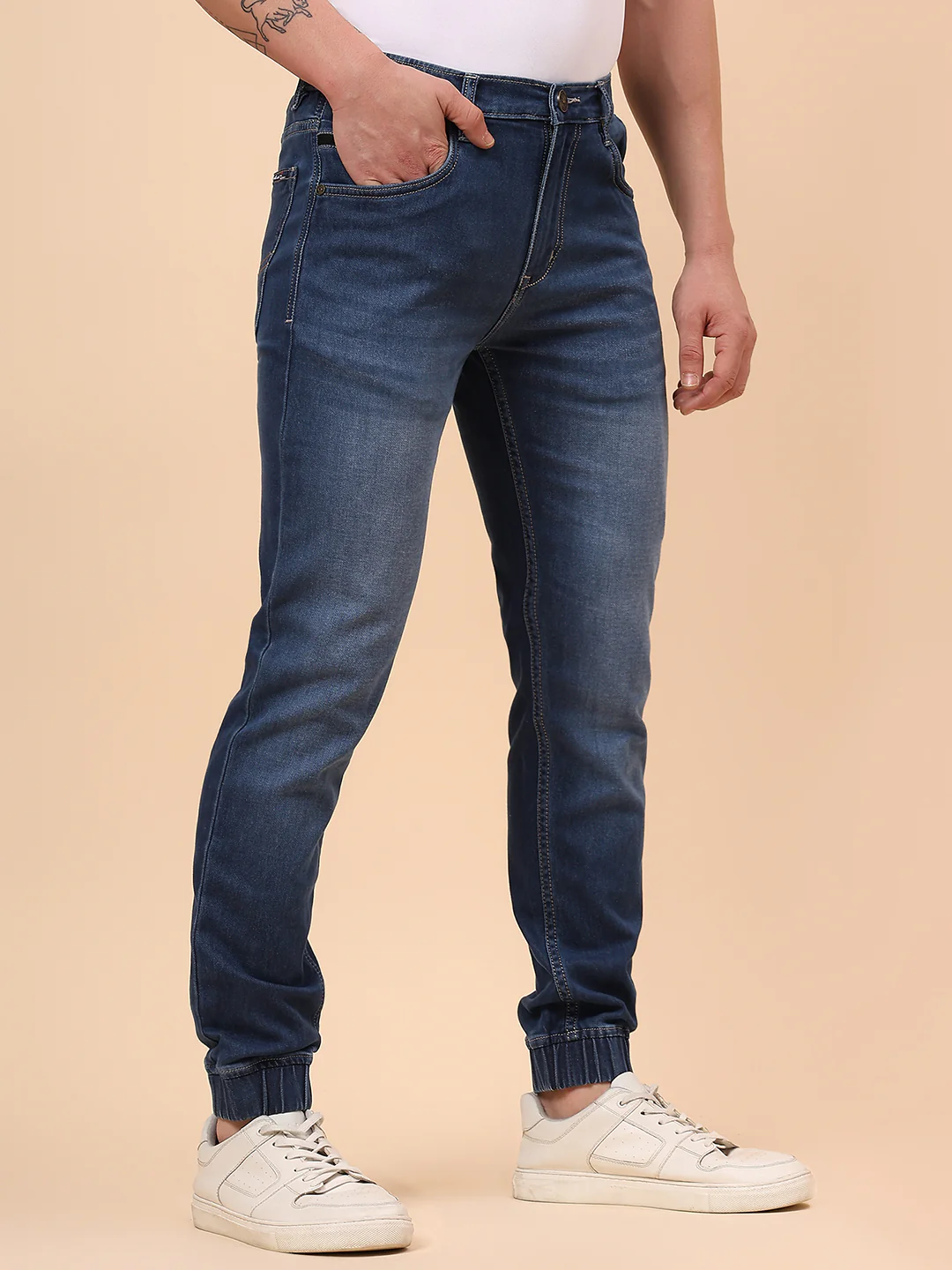 Men Blue Denim Solid Full Length Regular Fit Jogger - Image 6