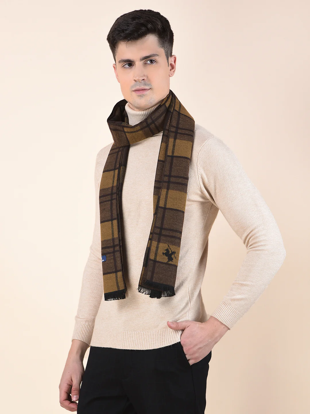 Men Brown Checkered Winter Warm Casual Muffler - Image 2