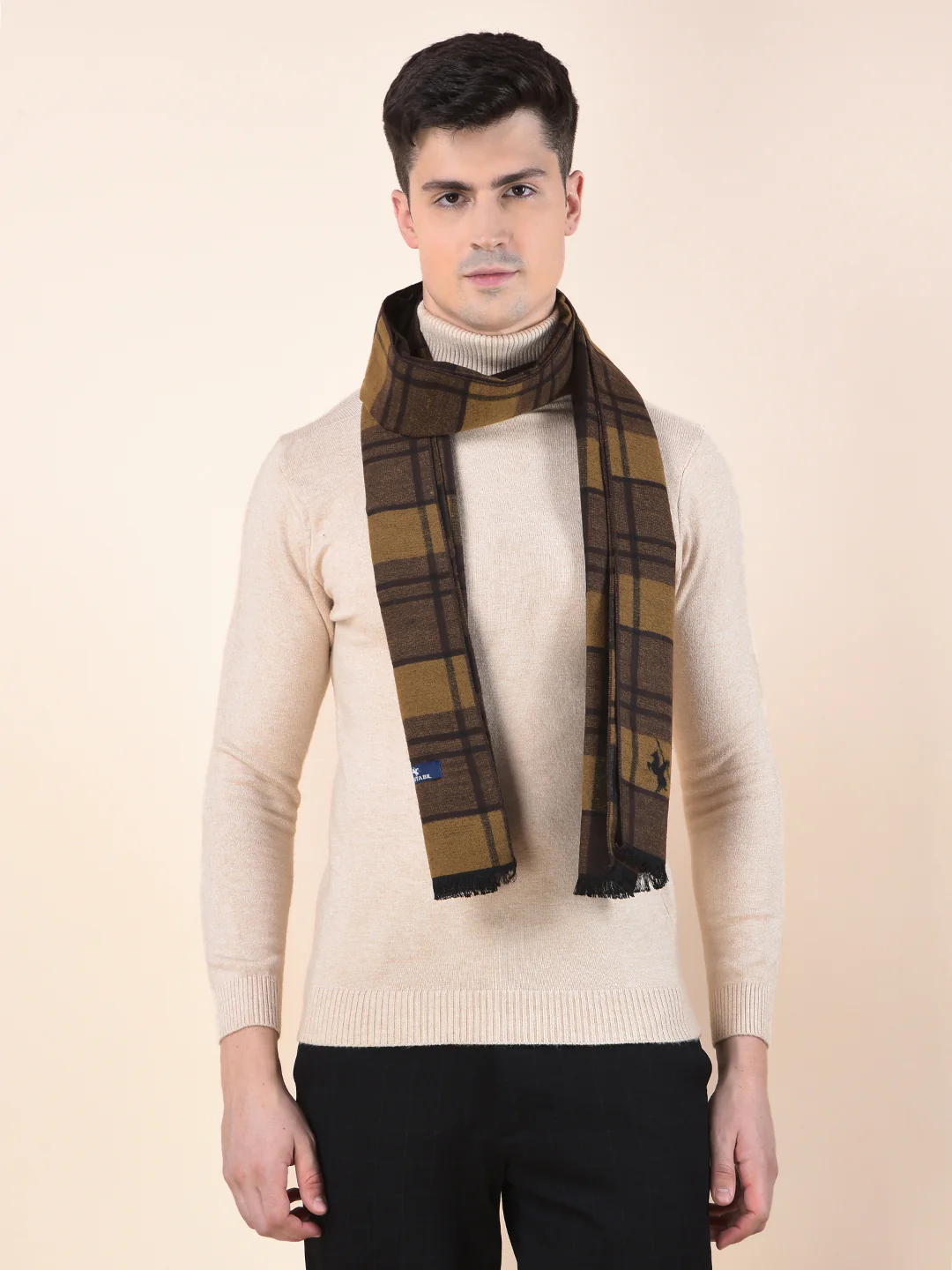 Men Brown Checkered Winter Warm Casual Muffler - Image 3