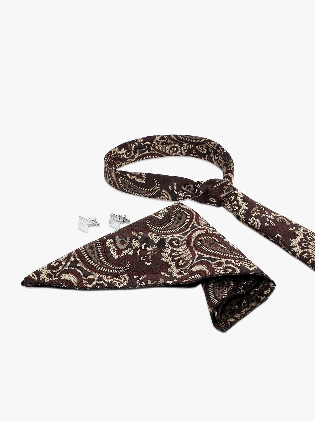 Men Brown Printed Tie With Pocket Square and Cufflinks - Image 4