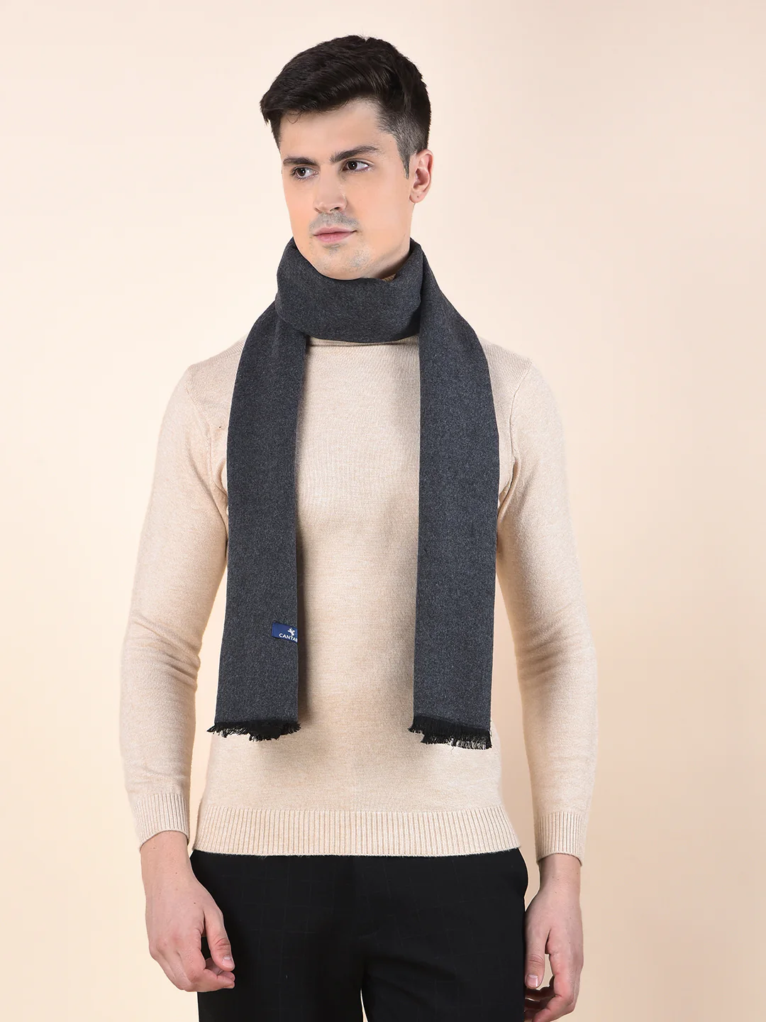 Men Dark Grey Brown Solid Winter Warm Casual Muffler - Image 3