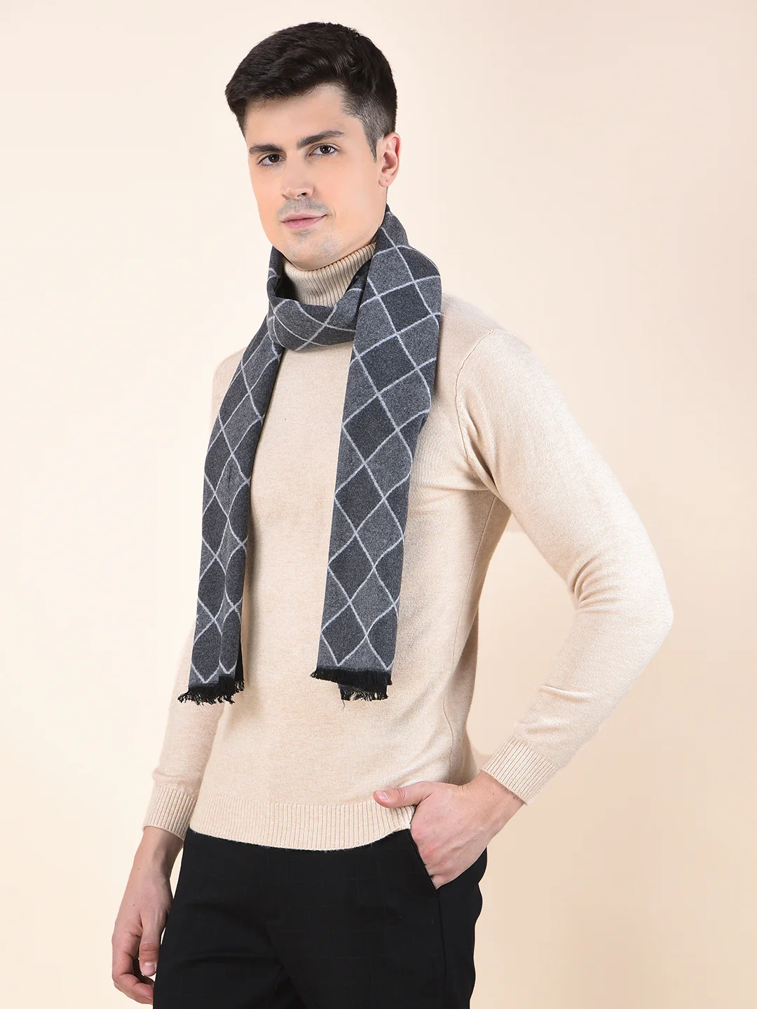 Men Dark Grey Checkered Winter Warm Casual Muffler - Image 2