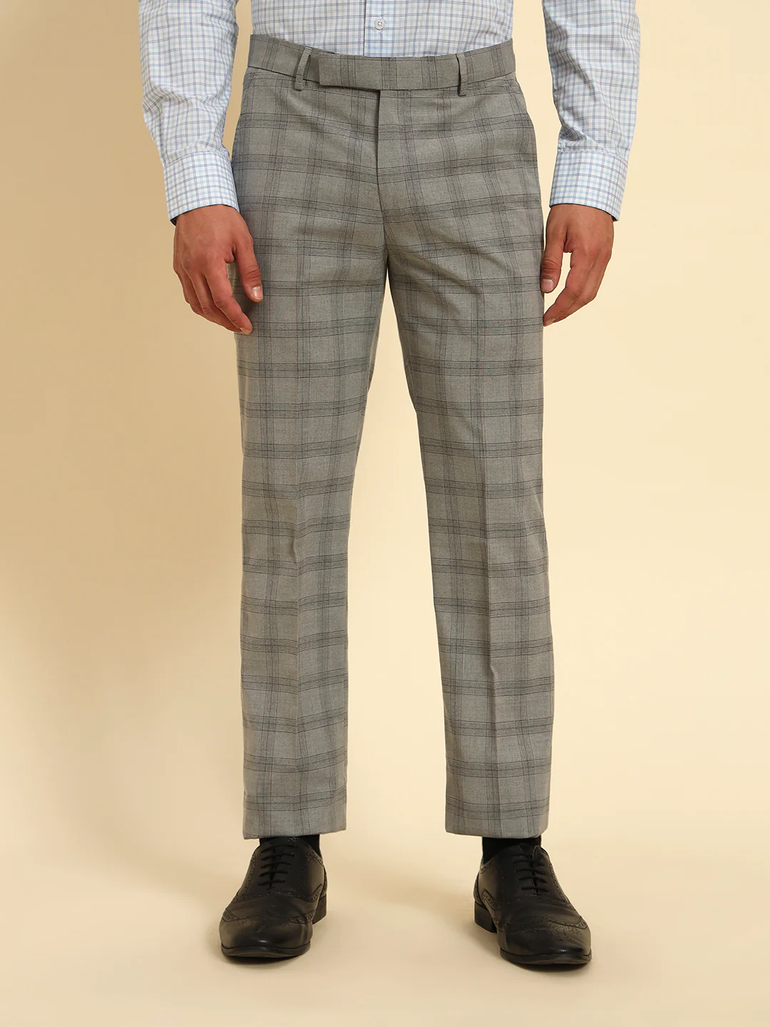 Men Gery Checkered Regular Fit Formal Trouser - Image 3