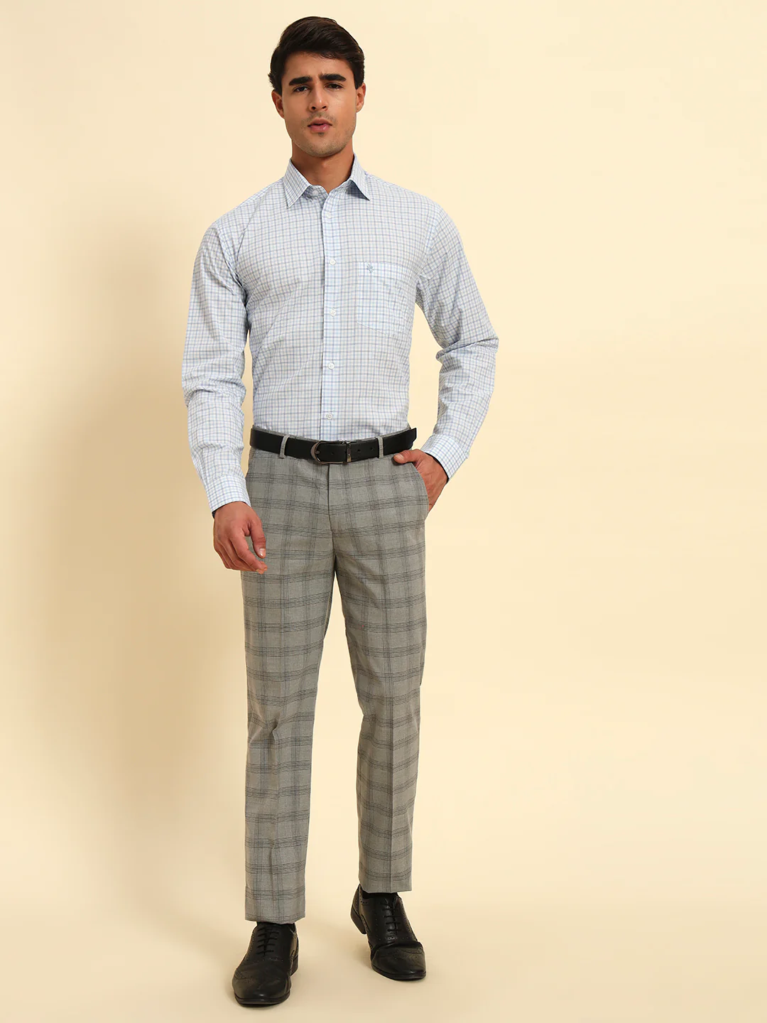Men Gery Checkered Regular Fit Formal Trouser - Image 8
