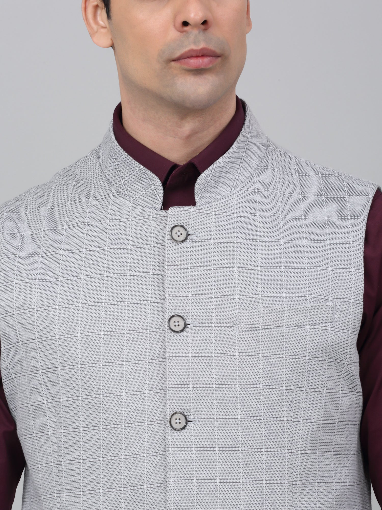 Men Grey Checkered Mandarin Collar Casual Waistcoat - Image 4