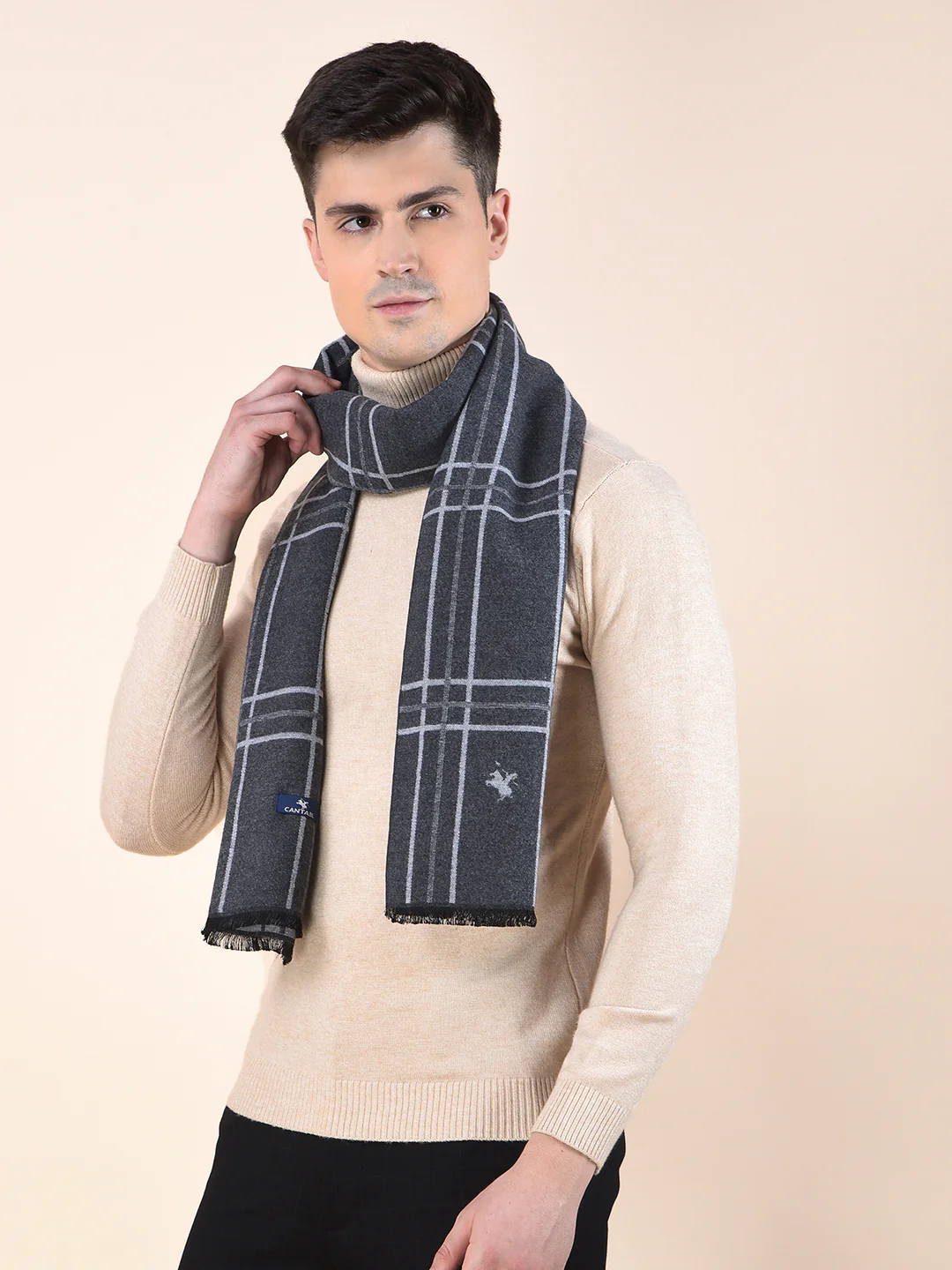 Men Grey Checkered Winter Warm Casual Muffler - Image 2